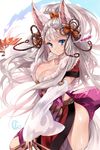  animal_ears artist_name beads blue_eyes blush bow breasts cleavage collarbone detached_sleeves erune fan folding_fan granblue_fantasy hair_beads hair_ornament hair_ribbon hips ice_(ice_aptx) large_breasts long_hair pelt ribbon sash silver_hair simple_background smile socie_(granblue_fantasy) solo very_long_hair white_background wide_sleeves 