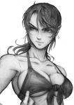  bikini_top breasts closed_mouth collarbone front-tie_top greyscale imizu_(nitro_unknown) large_breasts long_hair looking_to_the_side metal_gear_(series) metal_gear_solid_v monochrome ponytail quiet_(metal_gear) solo swimsuit 