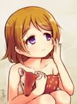  animal animal_on_lap brown_hair deer fawn grey_background koizumi_hanayo langbazi love_live! love_live!_school_idol_project nude parted_lips purple_eyes rubbing_eyes short_hair signature simple_background solo 