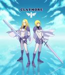 armor armored_boots blonde_hair bodysuit boots cape clare_(claymore) claymore claymore_(sword) cloud copyright_name english highres holding holding_sword holding_weapon long_hair multiple_girls osu pauldrons reflection short_hair silver_eyes straight_hair sword teresa_(claymore) wavy_hair weapon 