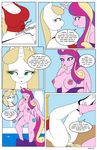  anthro anthrofied bed bedroom blonde_hair bottomless breasts cleavage clothed clothing comic cutie_mark dekomaru dialogue duo english_text equine female female/female friendship_is_magic fur green_eyes hair half-dressed horn mammal multicolored_hair my_little_pony navel nipples nude pink_fur princess_cadance_(mlp) purple_eyes pussy shirt tank_top text thehotroom topless undressing unicorn white_fur winged_unicorn wings 