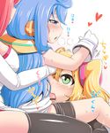  2girls bike_shorts blonde_hair blue_eyes blue_hair blush breasts censored fellatio girl_sandwich gloves grabbing grabbing_from_behind green_eyes hacka_doll hacka_doll_1 hacka_doll_2 hacka_doll_3 hetero highres large_breasts long_hair multiple_girls oral otoko_no_ko penis pink_hair rantana_(lalalalackluster) sandwiched shorts shorts_pull smile tongue 