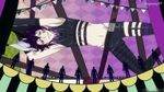  belt black_hair boots circus crop_top dance_with_devils ending frills gloves hat jester_cap looking_at_viewer lying makeup male_focus natsumezaka_shiki navel pierrot red_eyes screencap shorts smile solo striped thighhighs 