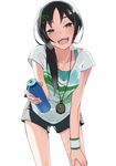  black_hair bottle breath brown_eyes collarbone hair_ornament hair_over_shoulder hairclip idolmaster idolmaster_cinderella_girls kawaty leaning_forward long_hair open_mouth rookie_trainer shorts smile solo stopwatch sweat trainer_(idolmaster) watch water_bottle wristband 