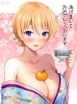  1girl :d alternate_costume bangs bare_shoulders blonde_hair blue_eyes blue_kimono braid breasts chacharan cleavage collarbone commentary_request cup darjeeling eyebrows_visible_through_hair floral_background floral_print food fruit girls_und_panzer highres holding holding_cup japanese_clothes kimono kimono_pull large_breasts mandarin_orange off_shoulder open_mouth oppai_mochi pink_background short_hair smile solo teacup translation_request upper_body 