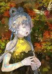  alternate_costume animal_robot autumn bangs bell bird closed_eyes detached_sleeves grey_hair hair_ornament hair_rings hair_tubes headphones leaf long_hair luo_tianyi mechanical music open_mouth oshigoto_boshuu shade singing solo upper_body vocaloid vocanese 