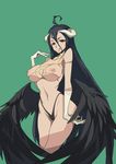  :q ahoge albedo black_hair black_panties black_wings breasts demon_girl demon_horns detached_collar feathered_wings gloves green_background highleg highleg_panties highres horns inverted_nipples large_breasts long_hair looking_at_viewer low_wings nipples overlord_(maruyama) panties ryusho smile solo tongue tongue_out underwear underwear_only very_long_hair white_gloves wings yellow_eyes 
