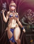  alien alternate_hairstyle armlet armor bikini_armor blonde_hair blue_eyes braid breasts cleavage clenched_teeth cosplay crossover curvy gun highres jabba_the_hutt karosu_maker large_breasts loincloth metroid metroid_(creature) navel pelvic_curtain princess_leia_organa_solo princess_leia_organa_solo_(cosplay) samus_aran single_braid slave star_wars teeth underboob weapon 