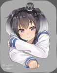  :&gt; black_hair closed_mouth eyebrows fang hairband hat isshiki_(ffmania7) kantai_collection looking_at_viewer mini_hat multicolored_hair pink_eyes portrait school_uniform serafuku short_hair short_hair_with_long_locks sketch sleeves_past_wrists smile solo thick_eyebrows tokitsukaze_(kantai_collection) twitter_username 