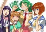  angry bangs blonde_hair blue_eyes blue_hair blunt_bangs blush bow closed_eyes furude_rika green_eyes headband higurashi_no_naku_koro_ni hime_cut houjou_satoko lips long_hair looking_at_viewer multiple_girls necktie one_eye_closed open_mouth orange_hair ponytail red_eyes ryuuguu_rena school_uniform serafuku short_hair skirt smile sonozaki_mion tears zenkou 