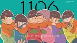  arm_around_shoulder blue_background bowl_cut brothers brown_hair cat engrish esper_nyanko glasses hand_in_pocket heart heart_in_mouth hood hoodie male_focus matsuno_choromatsu matsuno_ichimatsu matsuno_juushimatsu matsuno_karamatsu matsuno_osomatsu matsuno_todomatsu mikanmochi multiple_boys osomatsu-kun osomatsu-san ranguage scarf sextuplets shared_scarf siblings simple_background smile sunglasses twitter_username 