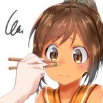  brown_eyes brown_hair chopsticks close-up hands i-401_(kantai_collection) kantai_collection out_of_frame peas ponytail sailor_collar short_hair solo_focus uno_ryoku 