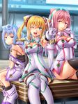  2girls bad_id bad_pixiv_id bare_shoulders blonde_hair blue_eyes blue_hair blush boots breasts cleavage covered_navel gloves green_eyes hacka_doll hacka_doll_1 hacka_doll_2 hacka_doll_3 highres large_breasts long_hair looking_at_viewer multiple_girls nosa one_eye_closed open_mouth otoko_no_ko pink_eyes pink_hair short_hair smile strap_slip thighhighs twintails v 