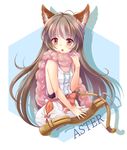  :o animal_ears antenna_hair aster_(granblue_fantasy) bare_arms blush bow bow_(weapon) brown_eyes brown_hair character_name crossbow dog_ears dress erune feather_boa flat_chest granblue_fantasy hexagon long_hair open_mouth piko_(mea) pink_scarf sash scarf simple_background sleeveless sleeveless_dress solo upper_body very_long_hair weapon white_background white_dress 