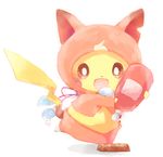  candy_bar chocoboo clothed_pokemon cosplay gen_1_pokemon jibanyan jibanyan_(cosplay) ketchup kokoroko looking_at_viewer multiple_tails no_humans notched_ear open_mouth pikachu pokemon pokemon_(creature) solo tail two_tails white_background youkai_watch 
