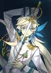  earrings epaulettes feathers jewelry kamui_(tales_of_zestiria) long_hair male_focus platinum_blonde_hair smile solo sorey_(tales) sword tales_of_(series) tales_of_zestiria uniform weapon yanzhan 