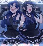  armpits bad_id bad_pixiv_id bare_shoulders black_gloves black_hair black_skirt blue_hair blue_nails blush choker collarbone cowboy_shot earrings elbow_gloves fingerless_gloves gloves hair_ornament hand_on_own_chest holding holding_microphone idolmaster idolmaster_(classic) idolmaster_million_live! jewelry kisaragi_chihaya long_hair looking_at_another microphone mogami_shizuka multiple_girls music nail_polish nose_blush open_mouth red_eyes sash see-through singing skirt stage star star_earrings star_hair_ornament sweatdrop yomosaka 