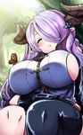  ^_^ animal animal_on_chest blush breasts bug butterfly closed_eyes demon_horns draph fingerless_gloves gloves granblue_fantasy hair_ornament hair_over_one_eye hairclip horns insect large_breasts lavender_hair long_hair narmaya_(granblue_fantasy) open_mouth outdoors pointy_ears purple_hair rayno sideboob single_thighhigh sleeping sleeveless solo thighhighs tree 