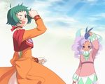  :d ;d big_hair choker clenched_hand cloud creature_on_head day dress farah_oersted green_hair looking_at_viewer meredy mochi_(pixiv53625) multiple_girls one_eye_closed open_mouth quickie red_choker short_hair sky smile tales_of_(series) tales_of_eternia turtleneck twintails 