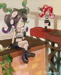  alternate_hair_color bike_shorts boots fingerless_gloves food gloves goggles mask mebuita multiple_girls octarian octopus onigiri open_mouth plant red_hair seaweed splatoon_(series) splatoon_1 takozonesu tentacle_hair waving 