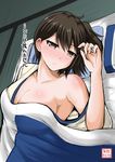  breasts brown_eyes brown_hair commentary_request futon highres japanese_clothes jewelry kaga_(kantai_collection) kantai_collection large_breasts lying ring short_hair side_ponytail solo tatami text_focus translated wedding_band yano_toshinori 