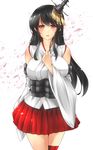  bare_shoulders black_hair breasts detached_sleeves en_(paorasuteki) fusou_(kantai_collection) hair_ornament hand_on_own_chest japanese_clothes kantai_collection large_breasts long_hair nontraditional_miko obi open_mouth petals red_eyes sash skirt smile solo 