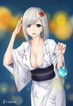  absurdres artist_name blue_eyes blush breasts cleavage collarbone cowboy_shot eyes_visible_through_hair floral_print flower hair_flower hair_ornament hair_over_one_eye hairclip hamakaze_(kantai_collection) hibiscus highres holding japanese_clothes kantai_collection kimono large_breasts nail_polish open_clothes open_kimono open_mouth parted_lips pink_nails sash short_hair silver_hair sogalan solo standing wide_sleeves 