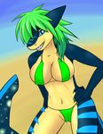  beach bikini blue_skin clothing female fish green_hair hair marine seaside serena_valentine shark solo stripes suki_(character) swimsuit 