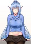  belly_peek blue_eyes blue_hair blush breasts choker hair_intakes head_fins jewelry large_breasts lintanghaseo lips long_hair navel necklace original pantyhose parted_lips sitting skirt smile solo split_ponytail sweater very_long_hair 