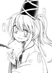  bow dripping forced_smile greyscale harusame_(unmei_no_ikasumi) hat japanese_clothes kariginu looking_at_viewer matchstick monochrome mononobe_no_futo ponytail solo sweat sweating_profusely tate_eboshi touhou trembling wide-eyed 
