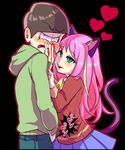  1girl :3 animal_ears bad_id bad_twitter_id black_background blood blush bowl_cut brown_hair cat_ears covering covering_crotch green_eyes hashimoto_nyaa heart hetero hood hoodie looking_away matsuno_choromatsu multicolored_hair nosebleed osomatsu-kun osomatsu-san pink_hair school_uniform shakata_(syakatan) skirt smile streaked_hair tail 