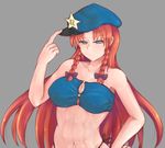  abs aqua_eyes beret bow braid breasts collarbone covered_nipples expressionless grey_background hair_bow hand_on_hip hat hat_tip highres hong_meiling katsuko_wi_wi large_breasts long_hair muscle muscular_female neck simple_background solo star string_panties touhou twin_braids upper_body very_long_hair 