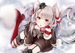  :o akatsuki_hijiri amatsukaze_(kantai_collection) bangs between_thighs blush bow bowtie breath brown_eyes buttons commentary_request dress from_above garter_straps grey_bow hair_tubes hat kantai_collection lifebuoy long_hair looking_at_viewer mittens on_ground outdoors pom_pom_(clothes) red_footwear sailor_dress scarf shoes short_dress silver_hair snow snowing solo striped striped_legwear striped_scarf thighhighs two_side_up very_long_hair windsock 