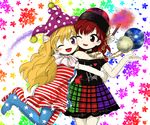  american_flag_dress american_flag_legwear bare_shoulders blonde_hair chain cheek-to-cheek clothes_writing clownpiece collar dress earth harusame_(unmei_no_ikasumi) hat hecatia_lapislazuli hug jester_cap long_hair looking_at_viewer miniskirt moon multicolored multicolored_clothes multicolored_skirt multiple_girls official_style one_eye_closed oota_jun'ya_(style) open_mouth pantyhose parody pink_eyes polos_crown red_eyes red_hair shirt short_dress skirt smile striped striped_dress style_parody torch touhou very_long_hair 