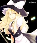  apron black_background blonde_hair blush broom character_name feathers hand_on_headwear hat hat_ribbon kirisame_marisa long_hair one_eye_closed rabbit.fudge ribbon simple_background smile solo star star-shaped_pupils symbol-shaped_pupils touhou waist_apron wavy_hair witch_hat yellow_eyes 