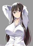  arms_up black_hair breasts brown_eyes dress_shirt glasses grey_background inu_(aerodog) large_breasts long_hair looking_at_viewer original shirt solo twitter_username 