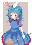  animal_ears beni_shake blue_hair bunny_ears dress earrings jewelry kine looking_at_viewer low_twintails mallet red_eyes sash seiran_(touhou) smile solo touhou twintails 