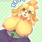  &lt;3 &lt;3_eyes 2015 animal_crossing anthro areola bell belly big_breasts blush bow breasts brown_eyes canine chubby clothed clothing dog dutch_angle eifie erect_nipples excited female fur hair happy huge_breasts hyper hyper_breasts isabelle_(animal_crossing) looking_at_viewer mammal nintendo nipples open_mouth overweight partially_clothed pattern_background ribbons simple_background smile solo teeth tongue video_games voluptuous wide_hips yellow_fur 
