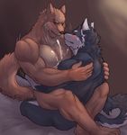  anthro bed big_muscles blush canine cum dog duo eyes_closed hug husky kuugo_(character) male male/male mammal muscular orgasm orgasm_face stan wolf yuujirou_(character) 
