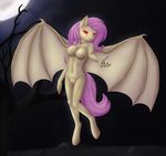  2015 anthro anthrofied areola bat_pony bat_wings big_wings breasts daf equine female flutterbat_(mlp) fluttershy_(mlp) friendship_is_magic hair long_hair looking_at_viewer mammal moon my_little_pony navel night nipples nude outside pink_hair pussy red_eyes smile solo tree wings 