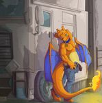  anthro blue_eyes charizard claws clothed clothing collar erection fuf half-dressed male nintendo orange_skin penis pok&eacute;mon pose raised_arm smile solo tucker undressing video_games wings 