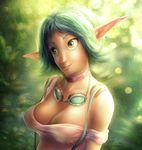  2012 big_breasts breasts bust_portrait choker cleavage clothed clothing elf eyewear female forest goggles green_eyes humanoid jak_and_daxter keira lips nipple_bulge not_furry outside smile solo teal_hair tree white_shirt yuqoi 