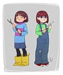  chara chara&#039;s_knife clothed clothing female frisk human knife mammal not_furry overalls quality_stick shorts stick undertake video_games young 