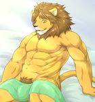  abs anthro biceps black_nose brown_hair bulge feline fur hair lion male mammal muscular muscular_male nude pecs sitting smile solo towel wildheit yellow_eyes yellow_fur 