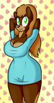  anthro apple bear big_breasts breasts brown_fur brown_hair cleavage clothed clothing dress eyelashes female fruit fur green_eyes hair hands_behind_head huge_breasts keboponda mammal mother parent smile solo wally_bear_and_the_no!_gang 