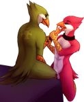  2015 after_sex alpha_channel anthro askos avian avian_(starbound) balls beak bed bird brown_eyes claws collar cum cum_in_mouth cum_inside duo feathers fur green_feathers hand_on_cheek kneeling licking licking_hand maladash male male/male mirtilo nude open_mouth penis red_feathers simple_background sitting smile starbound tail_feathers talons tongue tongue_out transparent_background video_games 