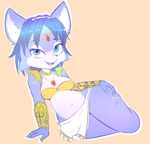  2015 anthro black_nose blue_fur blue_hair breasts canine clothing female fox fur hair hands_on_hip jewelry krystal looking_at_viewer mammal necklace nintendo open_mouth short_hair simple_background smile solo star_fox teeth tongue ventus-shadow video_games white_fur 