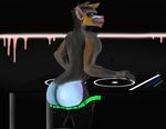  abstract_background anthro ape baboon belt blue_skin butt clothed clothing ear_piercing fur hair male mammal monkey multicolored_fur pants partially_clothed piercing primate solo two_tone_fur 