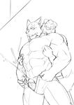  abs absurd_res anthro biceps big_muscles blush canine clothed clothing cum cumshot dog duo erection from_behind fur half-dressed hi_res husky_(artist) jeans low-angle_shot male male/male mammal muscular nipple_pinch nipple_stimulation nipples open_pants orgasm pants pecs penis simple_background sketch smirk standing teeth topless white_background 