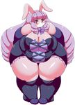  anthro arm_warmers big_breasts bow breasts chuchu clothing dress female funi fur hair knee_socks lagomorph legwear looking_at_viewer mammal overweight pink_fur purple_hair rabbit red_eyes show_by_rock!! simple_background socks solo thick_thighs wide_hips 